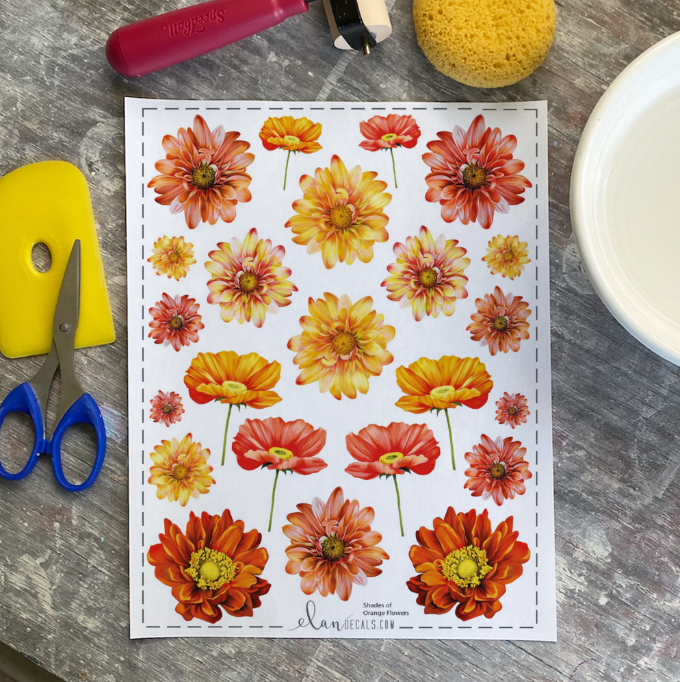 Shades of Orange Flowers - Overglaze Decal Sheet